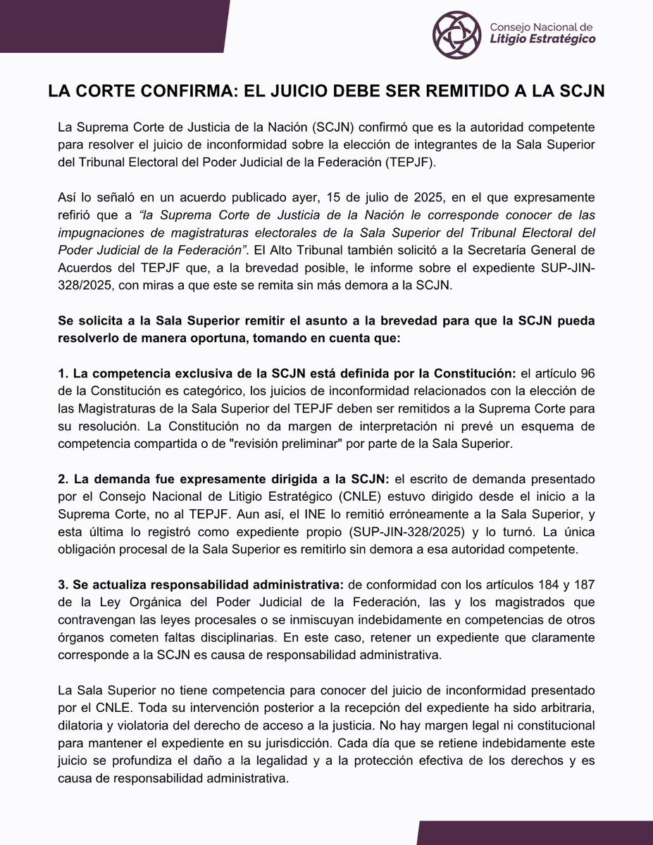 📣 🚨 La <a href="/SCJN/">Suprema Corte</a> le puso un alto al <a href="/TEPJF_informa/">TEPJF</a>: confirmó que solo ella puede resolver el juicio contra la elección de de Magistraturas de Sala Superior. Así lo estableció expresamente en un acuerdo notificado hoy.

📄 El pronunciamiento no deja lugar a dudas: “le corresponde
