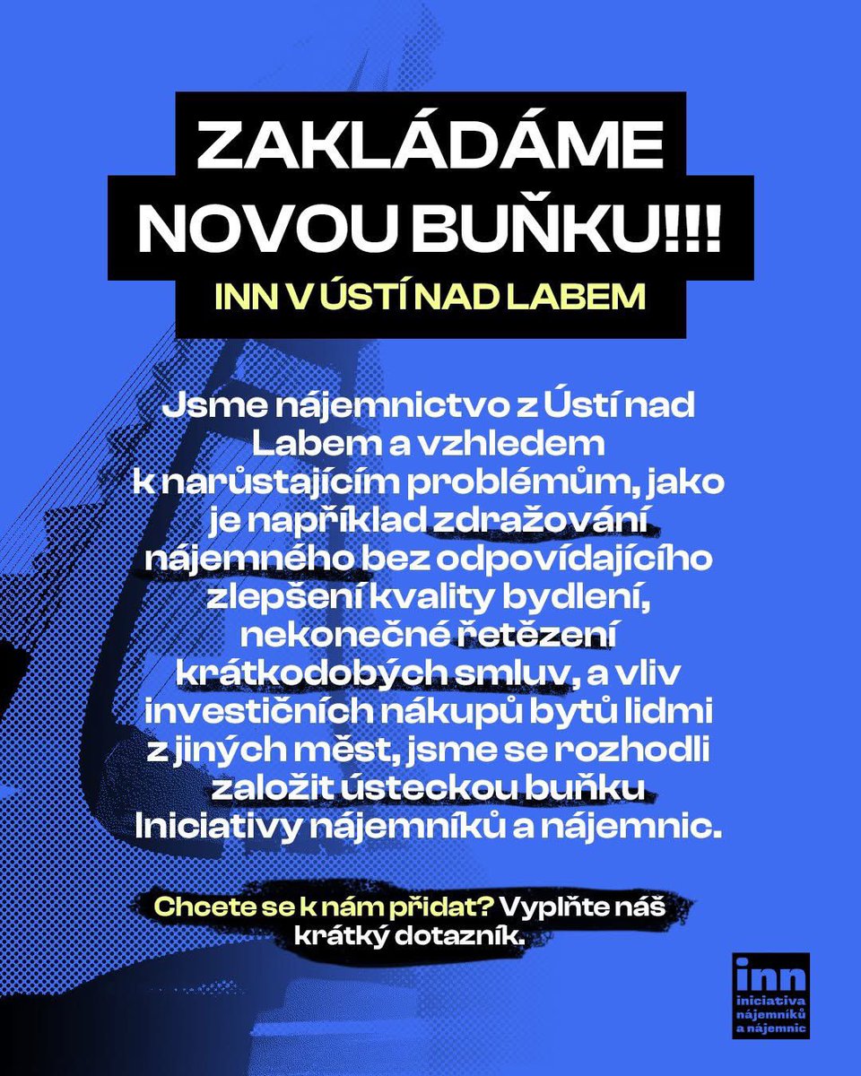 Bydlíte v nájmu Ústí nad Labem? A jak se vám bydlí? 🏠 Chceme, aby se v nájmu bydlelo líp a hlavně dostupněji - proto se organizujeme! Pojďte se s náma organizovat v nové ústecké buňce ✊✊ Vyplňte dotazník a spojíme se 🙌 forms.gle/diTHhW24evoNSf…