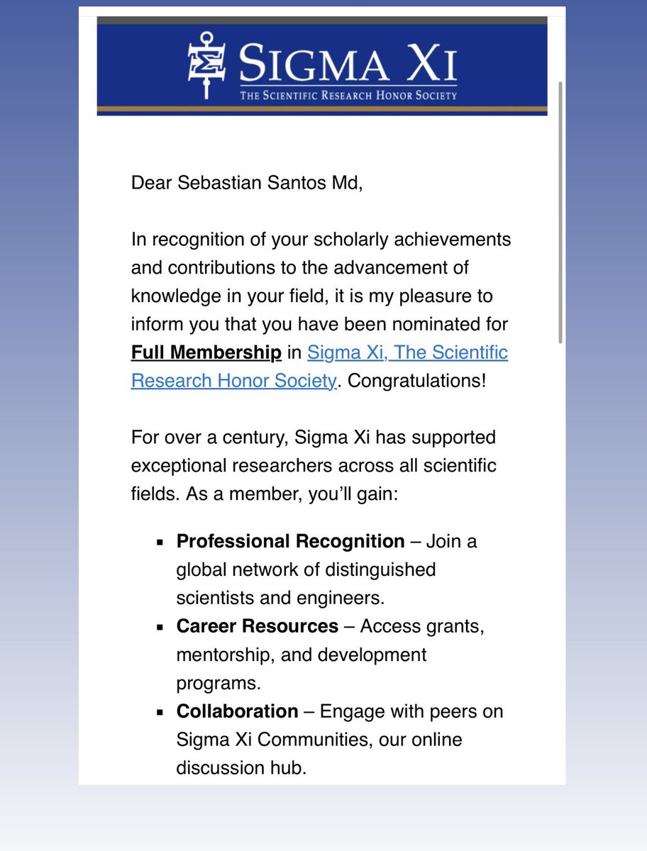 Sebastian Santos, MD (@sebastiansantp) on Twitter photo Honored to be nominated for Full Membership in Sigma Xi, <a href="/SigmaXiSociety/">SigmaXi</a> The Scientific Research Honor Society—recognizing a commitment to advancing science as I continue growing as a physician researcher. 🧪🧫
Grateful to my mentors <a href="/MayoCVservices/">Mayo Clinic Cardiovascular Services</a> <a href="/MayoClinicINFD/">Mayo Clinic Infectious Diseases</a> <a href="/harvardmed/">Harvard Medical School</a> Honored to be nominated for Full Membership in Sigma Xi, <a href="/SigmaXiSociety/">SigmaXi</a> The Scientific Research Honor Society—recognizing a commitment to advancing science as I continue growing as a physician researcher. 🧪🧫
Grateful to my mentors <a href="/MayoCVservices/">Mayo Clinic Cardiovascular Services</a> <a href="/MayoClinicINFD/">Mayo Clinic Infectious Diseases</a> <a href="/harvardmed/">Harvard Medical School</a>