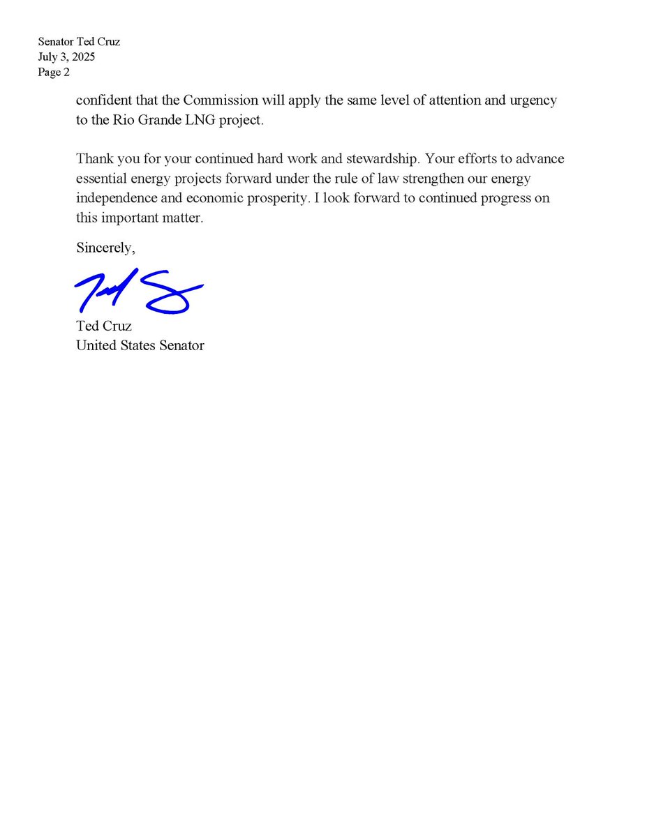 Earlier this month, I sent a letter urging the Federal Energy Regulatory Commission (FERC) to expeditiously reissue the appropriate authority for the Rio Grande LNG project.

More: cruz.senate.gov/newsroom/press…