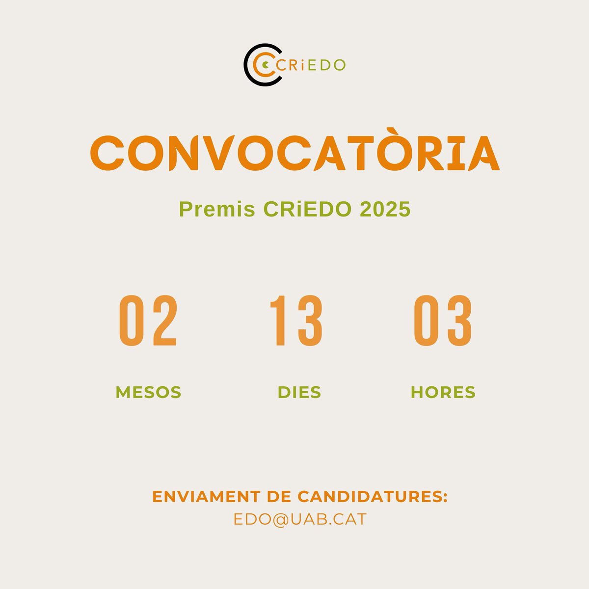 Des del CRiEDO obrim la convocatòria dels nostres premis anuals per reconèixer iniciatives que contribueixen a la innovació i millora del sistema educatiu.

ℹ️ Consulta les bases i tota la informació aquí:
👉 criedo-uab.cat/premis-criedo/

#CRiEDO #PremisCRiEDO #InnovacióEducativa #UAB