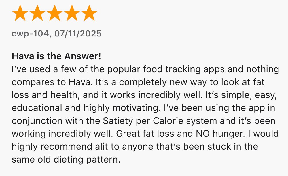 DrEenfeldt's tweet image. Another happy Hava review on the App Store.❤️
Hava is the Answer!
I’ve used a few of the popular food tracking apps and nothing compares to Hava. It’s a completely new way to look at fat loss and health, and it works incredibly well. It’s simple, easy, educational and highly…