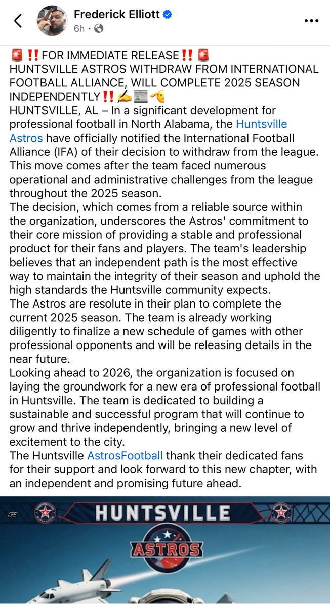 XFLMike's tweet image. CONFIRMED:

First reported by Frederick Elliot, Huntsville Astros have notified @TheIFAFootball of their decision to withdraw from the league.

Astros will be putting out a statement. 

Per Astros Staff Member

#IFA #IFA2025