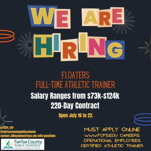 We have 1 floater position open. Was posted 7/16 and open til 7/22.
FCPS is in Northern VA. We building our AT Program to 50 Fulltime ATs covering our 25 HS. Floaters support HSs that have AT vacancies, and our small MS sports programs.
 Must apply online sjobs.brassring.com/TGnewUI/Search…