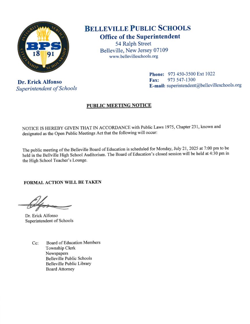 📣 Belleville BOE Public Meeting:
🗓️ July 21, 2025
🕖 7:00 PM – Public | 4:30 PM – Closed
📍 Belleville HS Auditorium
🖋️ Formal action will be taken.
🔗 bellevilleschools.org
#BellevilleSchools #BOEMeeting #BellevilleNJ
