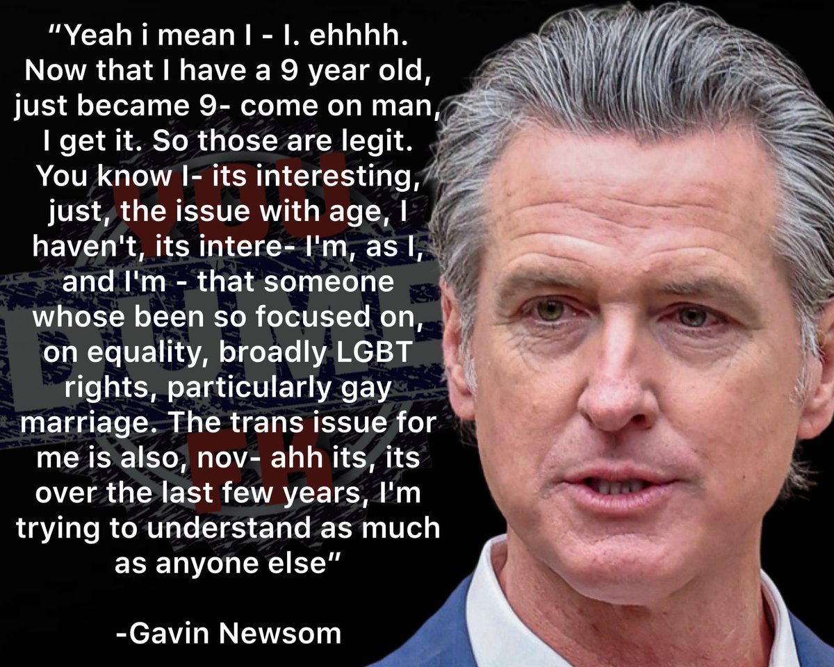 You’re DUMB (@dumb_as_fk) on Twitter photo <a href="/GavinNewsom/">Gavin Newsom</a> Gender Transition Surgery for Minors
Question: “what about for your values. Is 8 years old too young?”
Gavin Newsom: <a href="/GavinNewsom/">Gavin Newsom</a> Gender Transition Surgery for Minors
Question: “what about for your values. Is 8 years old too young?”
Gavin Newsom: