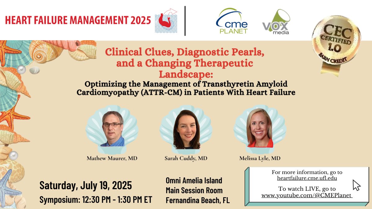 CMEPlanet's tweet image. THIS WEEK!
At the 2025 Heart Failure Management Conference in Fernandina Beach, FL
Join us for TWO #cme programs:
Friday, July 18 - on Managing Hyperkalemia in Heart Failure
Saturday, July 19 - on Optimizing the Management of ATTR-CM with Heart Failure
See you soon #hfm2025
