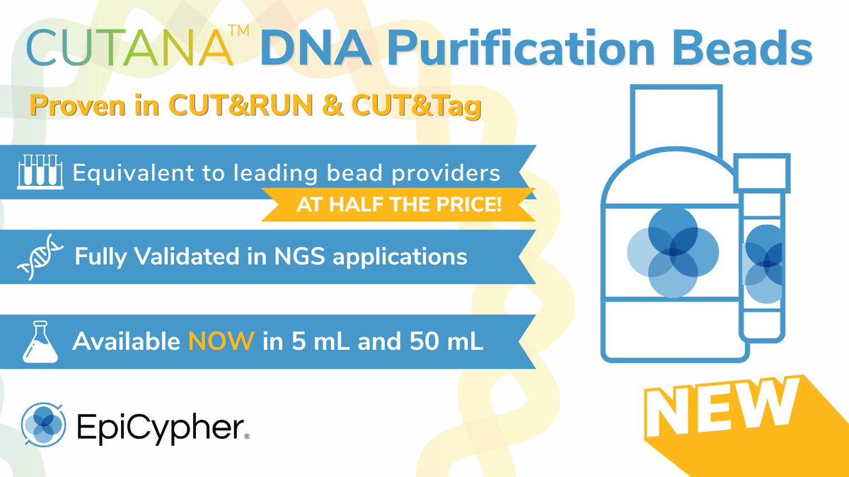 epicypher's tweet image. 🚨 New Product Alert: CUTANA™ DNA Purification Beads!
✔ High DNA recovery & purity.
✔ Identical bead-to-sample ratios as leading bead brands
✔ Ideal for CUT&RUN, CUT&Tag & NGS.
👉 Order Today (Available in 5mL or 50 mL): epicypher.com/product/cutana…
#Epigenetics #NGS #CUTandRUN