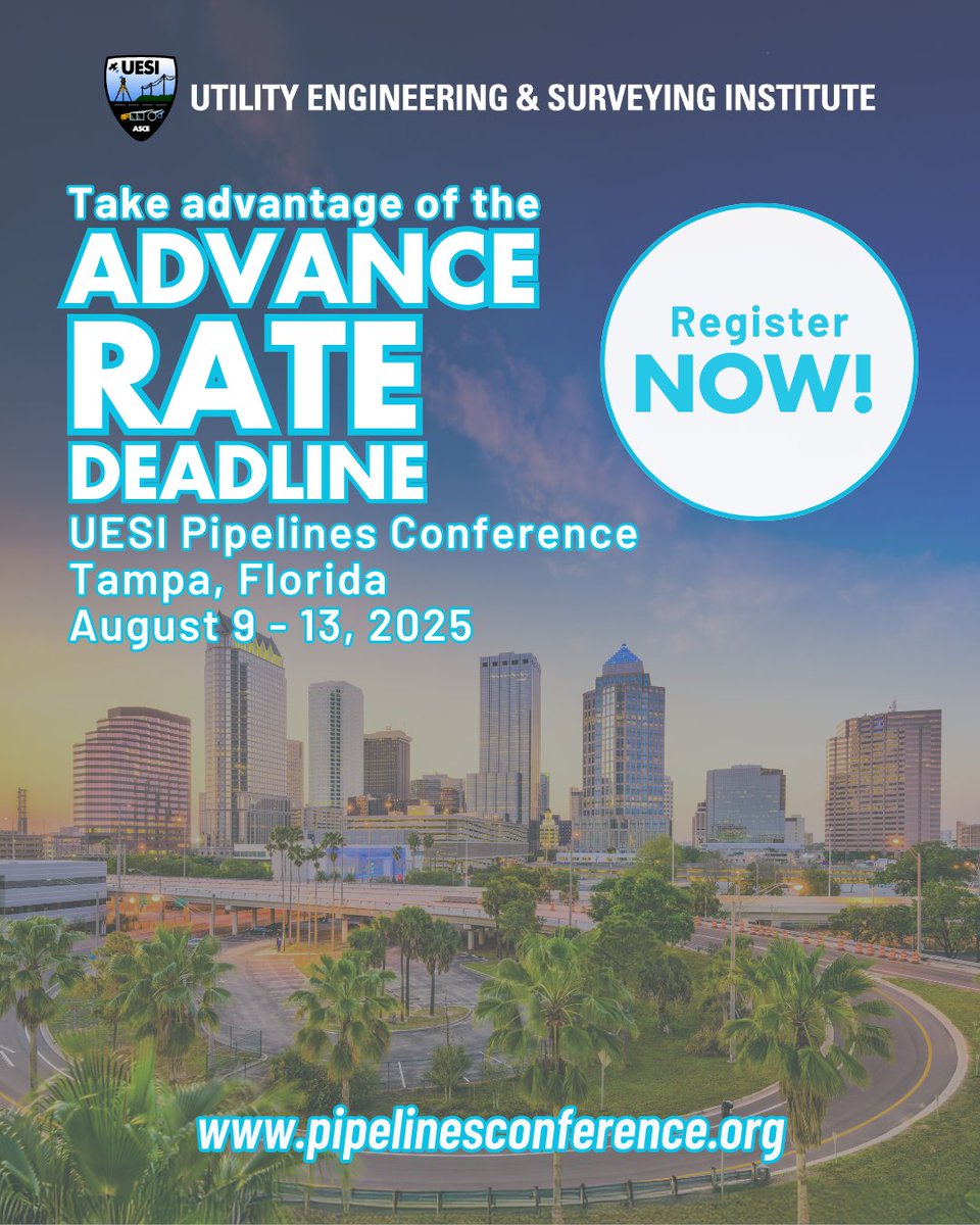 uesi_asce's tweet image. Today's the last day for the Advance Rate registration for the #PipelinesConference this August!

Register now at pipelinesconference.org

#Pipelines2025 #Pipelines #UESI #RegisterNow #Registration #Utility #CivilEngineering #ProfessionalDevelopment #Networking #Tampa #TampaBay