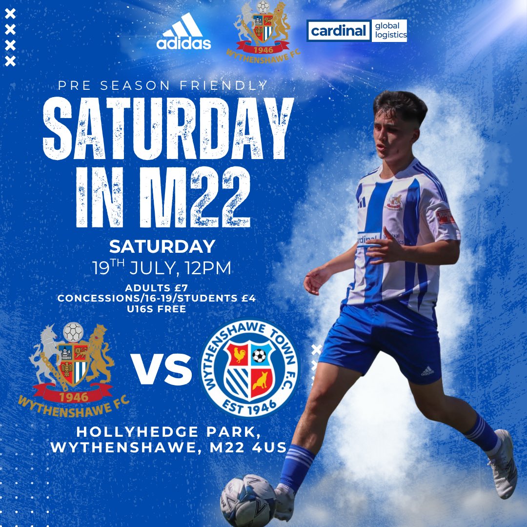 Next up…

It’s the big Wythenshawe Derby!

🗓️Saturday 19th July
⏰12PM
🎟️ Adults £7, Concessions / 16-19 &amp; Students £4, Under 16 FREE - Pay on the gate
🍔🍺Breakfast barms &amp; Bar open from 10AM

Grab a mate! 

Get down, for anything but a friendly!

#Wythenshawe #UpTheAmmies 🔵⚪️