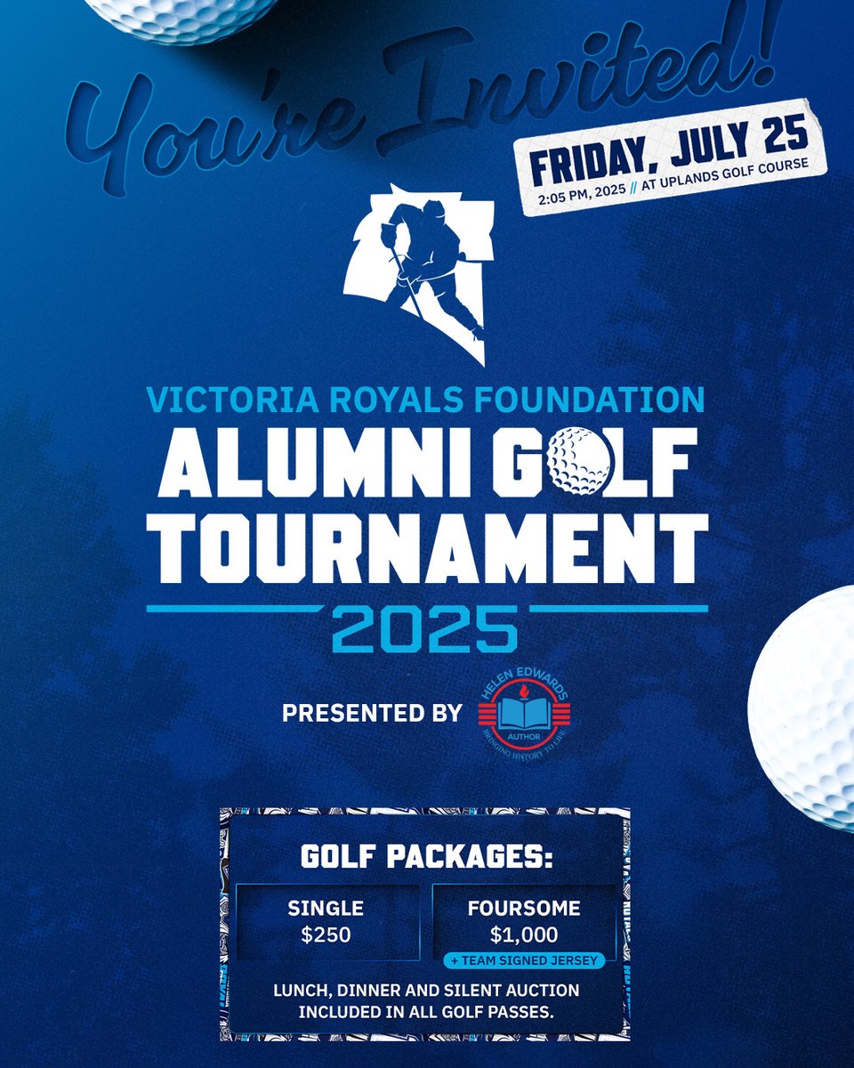 Royals fans – we are so excited to announce that the team will be hosting its inaugural Victoria Royals Alumni and Foundation Golf Tournament presented by Helen Edwards set for next Friday, July 25th at Uplands Golf Club!

Enjoy a day of golf, great company, and a chance to