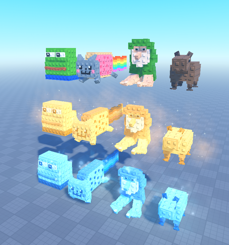 n0tauggie's tweet photo. brainrot + meme models in different variations, gold, diamond in retro building style, including vfx on each
#robloxdev #roblox #dev #memes #classicbuilding #retro #classic #3dartist #builder #modeler #capybara #tralalerotralala #doge #pepe #nyancat https://t.co/ylPXejWgiv