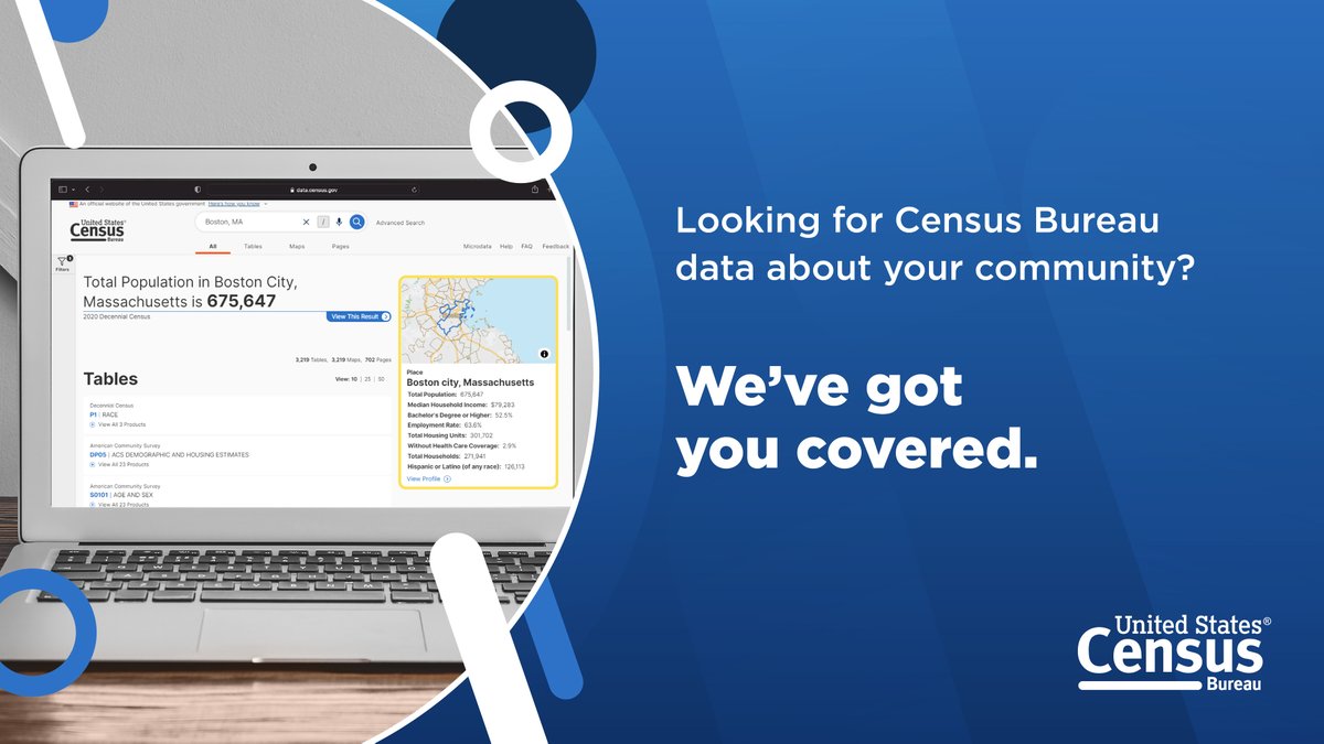 uscensusbureau's tweet image. Get a #CensusData overview of your city, county, or state with our geography profile pages.   

Go to data.census.gov and type in your city or town in the search queue. Select the profile box in the top right corner of the results. ✅ 

#ExploreCensusData