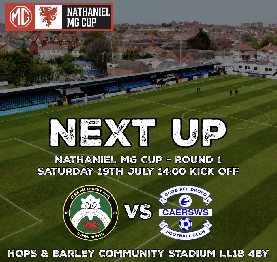 CPD Y Rhyl 1879 official (@rhylfc) on Twitter photo ⚫️ Next Up ⚪️
We’re back to competitive football this Saturday as we welcome Caersws in the #NathanielMGCup
📆 19th July
🕑 14:00 KO
🆚 <a href="/caerswsfc/">Caersws FC 🏴</a>
🏆 Cup
🏟️ Hops & Barley Community Stadium
📍 LL18 4BY
🎟️ Adults £8 Concessions £6 U16’s £2
🎫 H/T Raffle
🍺 Bar
🍔 Canteen ⚫️ Next Up ⚪️
We’re back to competitive football this Saturday as we welcome Caersws in the #NathanielMGCup
📆 19th July
🕑 14:00 KO
🆚 <a href="/caerswsfc/">Caersws FC 🏴</a>
🏆 Cup
🏟️ Hops & Barley Community Stadium
📍 LL18 4BY
🎟️ Adults £8 Concessions £6 U16’s £2
🎫 H/T Raffle
🍺 Bar
🍔 Canteen