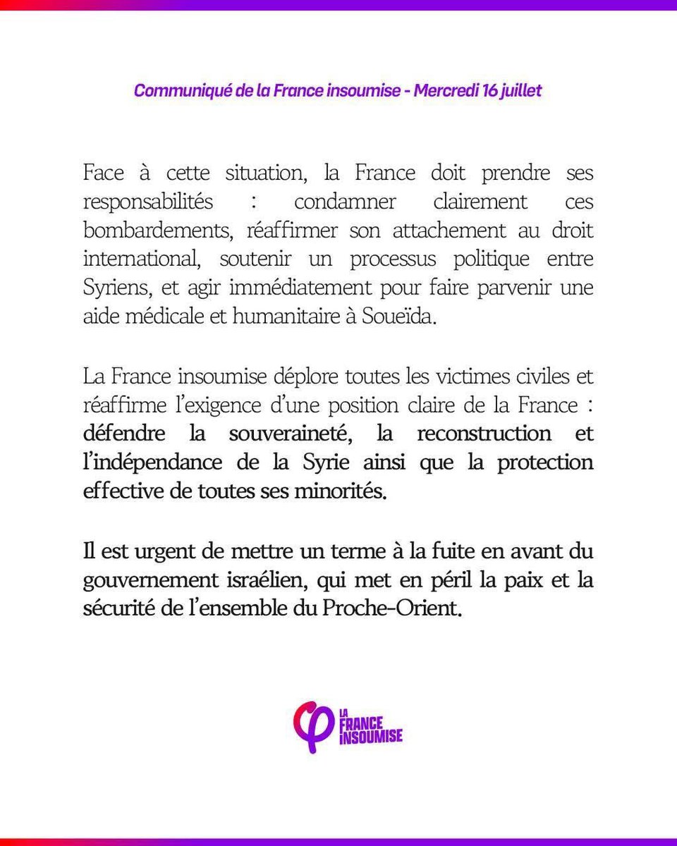 🔴 La France insoumise condamne les bombardements israéliens en Syrie.

La France insoumise condamne avec la plus grande fermeté les bombardements israéliens qui ont visé ce mercredi le palais présidentiel syrien et le quartier général de l’armée au cœur de Damas.

Retrouvez le