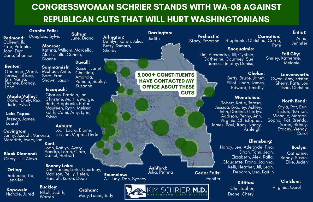 RepKimSchrier's tweet image. I have heard from thousands of folks across #WA08 who are worried about what the recent passage of Republicans' Big Ugly Bill will mean for their access to healthcare, food assistance, and other critical programs.
Here are just a handful.
I will keep fighting to protect…