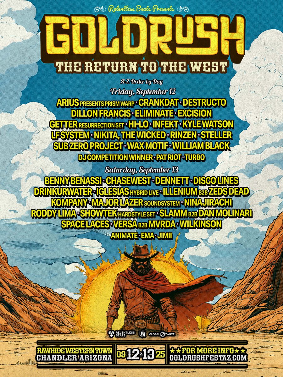 GoldrushFestAZ's tweet image. GIVEAWAY: Win a 2-Day GA pass to Goldrush 2025! 🤠⚒️ Daily lineups just dropped + @dillonfrancis is joining the wildest weekend in the West 🌵

To enter:
1️⃣ Follow @goldrushfestaz &amp;amp; @relentlessbeats
2️⃣ Retweet
3️⃣ Tag 3 friends 👇

Tix on sale Fri 10AM PT 🎟️