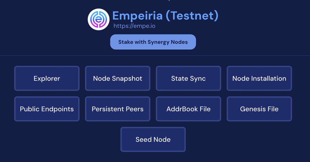Excited to share that our Services for <a href="/empe_io/">Empeiria</a> testnet are live:  

✅ Explorer 
✅ Daily automated Node Snapshot 
✅ Public Endpoints - API, RPC, gRPC 
✅ Access to Peers, Addrbook, Genesis files 
✅ Seed Node  

🔗 synergynodes.com/service/empete…