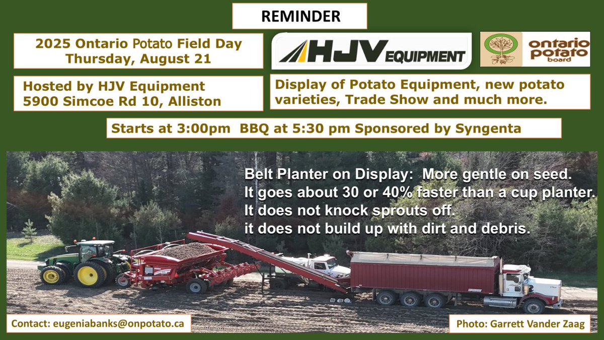 The 2025 Ontario Potato Field Day is the most important summer event for Ontario potato growers and potato industry people.    The friendly atmosphere and the delicious BBQ provided by Syngenta makes this event a great networking opportunity among growers.
Everyone is welcome!