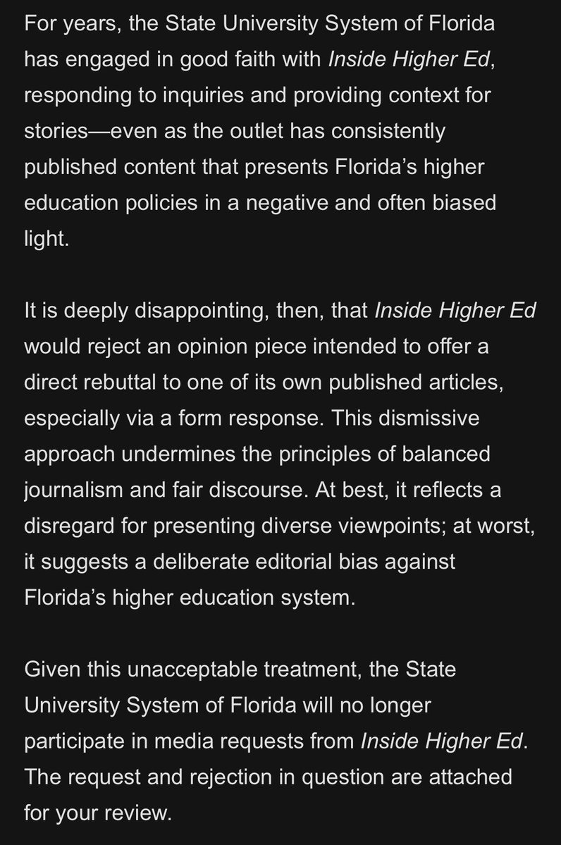byJoshMoody's tweet image. The State University System of Florida is boycotting interviews with Inside Higher Ed because we didn’t publish an op-ed they submitted.