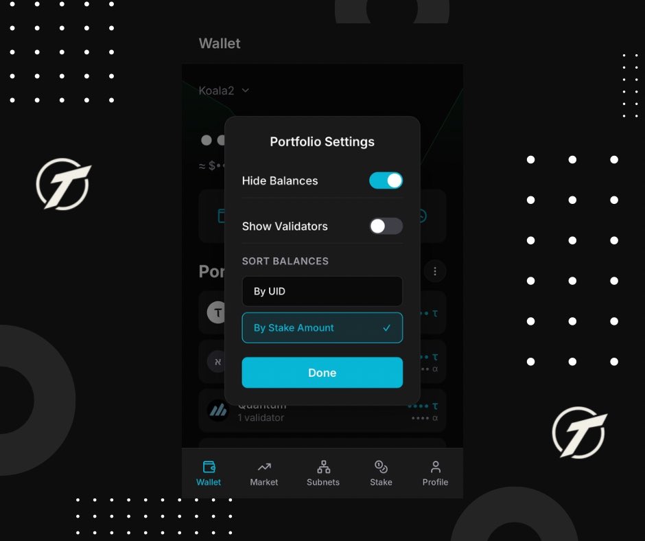 TensorPulseLabs's tweet image. New update live on the TensorPulse mobile app 🔧

We’ve added a dedicated Wallet Settings area to give you more control over how your portfolio is displayed.

In place of the old “Show Validators” toggle, you’ll now see a settings icon

Tapping it opens a new menu with the…