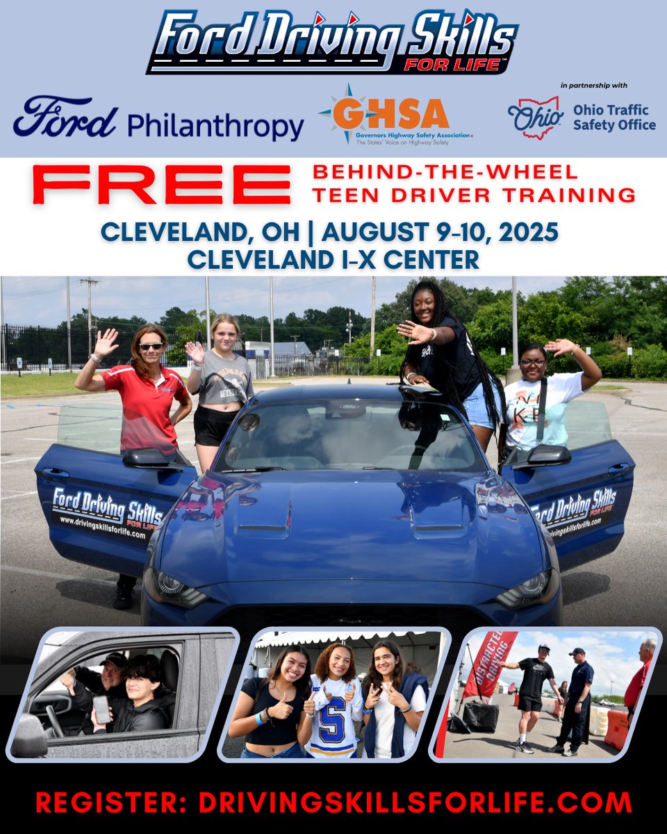 🚗 ATTENTION PARENTS! 🚗 
Help your teen become a safer, more confident driver with FREE advanced driver training at Ford Driving Skills for Life! 🎉 

📅 August 9-10, 2025 
📍 Cleveland I-X Center 

With hands-on coaching from professional instructors, teens will learn: