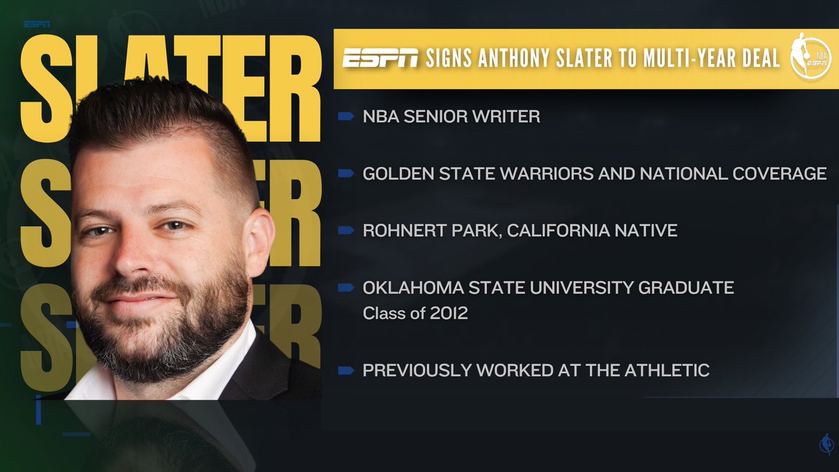 ESPN PR (@espnpr) on Twitter photo ESPN signs <a href="/anthonyVslater/">Anthony Slater</a> as a national #NBA & <a href="/warriors/">Golden State Warriors</a> writer, beginning Wednesday ESPN signs <a href="/anthonyVslater/">Anthony Slater</a> as a national #NBA & <a href="/warriors/">Golden State Warriors</a> writer, beginning Wednesday