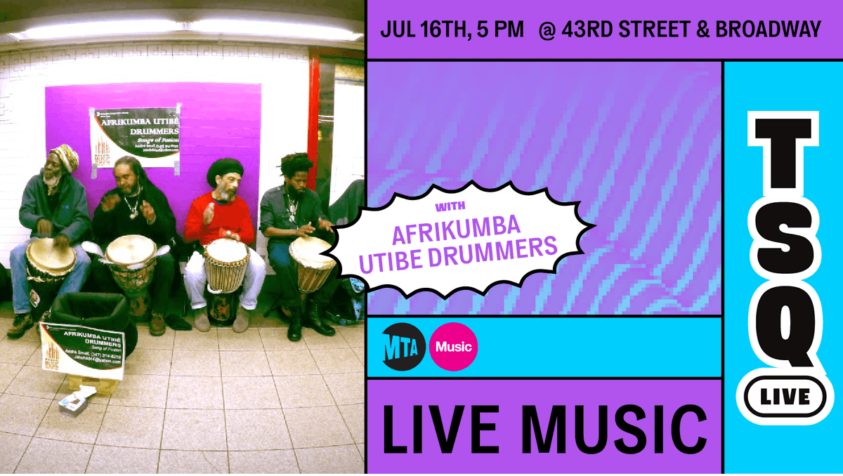 TimesSquareNYC's tweet image. We’re feeling the music! 🥁 TSQ Live TONIGHT for Live Music with MTA MUNY @MTAArtsDesign | Afrikumba Utibe Drummers at 5pm, Broadway & 43rd Street in Times Square 🌟 tsq.org/live
#NYC #TimesSquare #NYCEvents #NYCFreeEvents