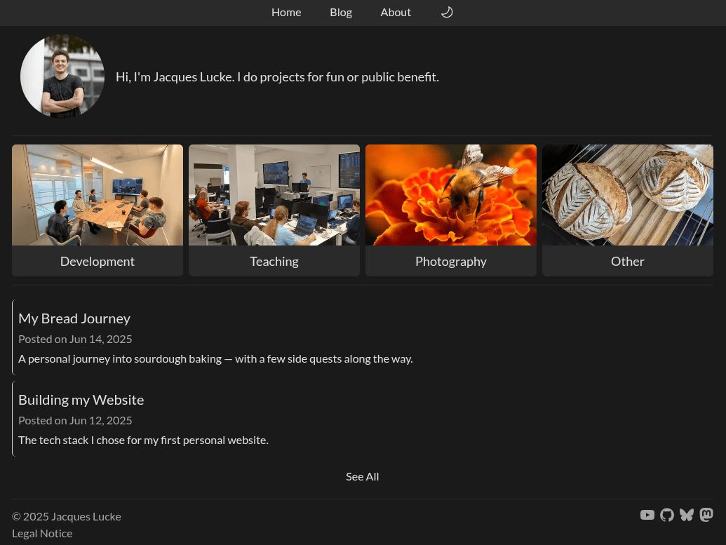 I've started a blog to be able to share some projects I work on with my future self and curious others. It will mostly focus on stuff I do on my own time that might not be related to Blender. This site is still WIP, but two posts are up already.

jlucke.com/blog/personal-…