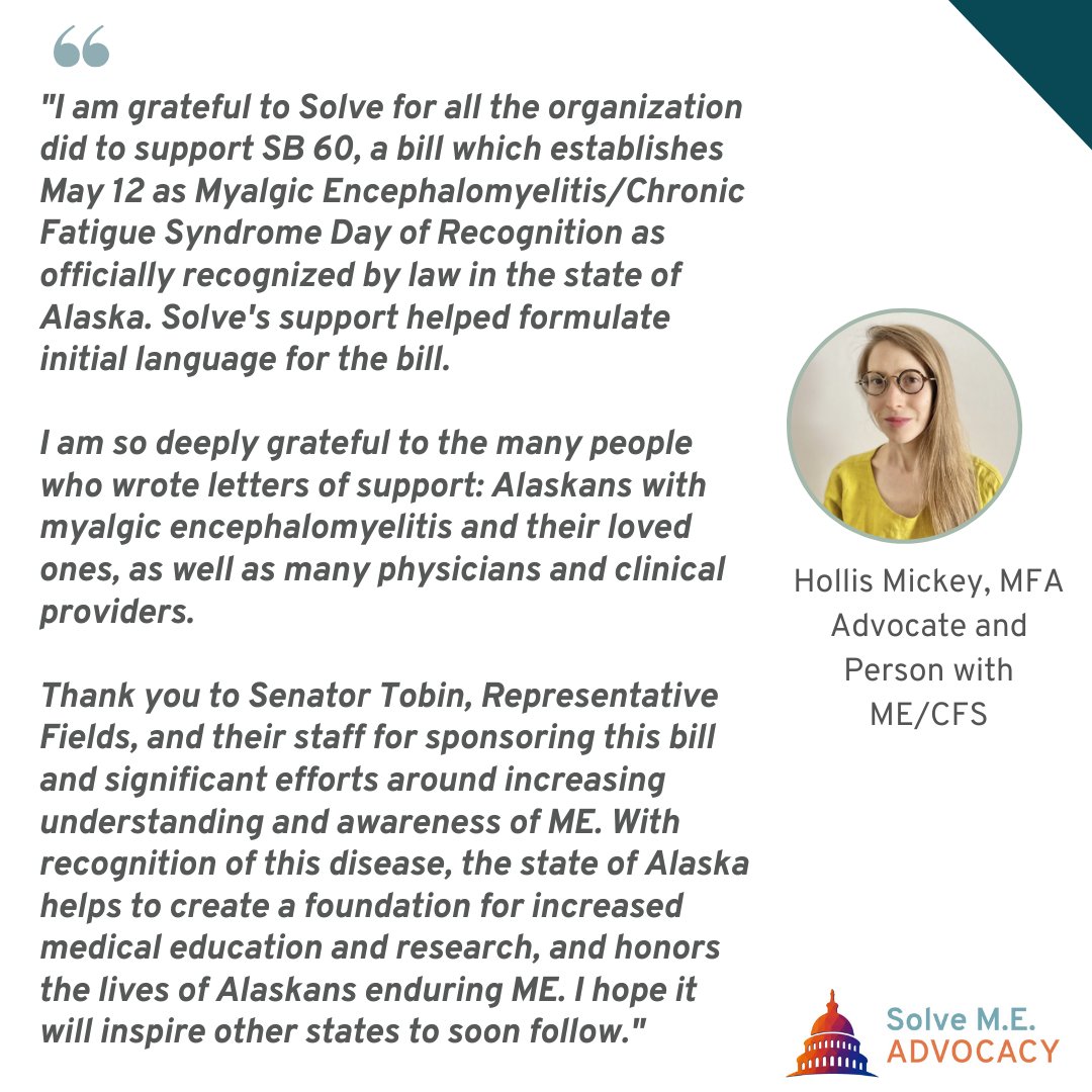 PlzSolveCFS's tweet image. Big news! Alaska will officially recognize May 12 as ME Awareness Day! Solve is proud to have supported the advocates who worked for the passage of this law, SB 60. Big thanks to them & @lgtobin and @repzackfields for being champions for our community.
#MEAwarenessHour