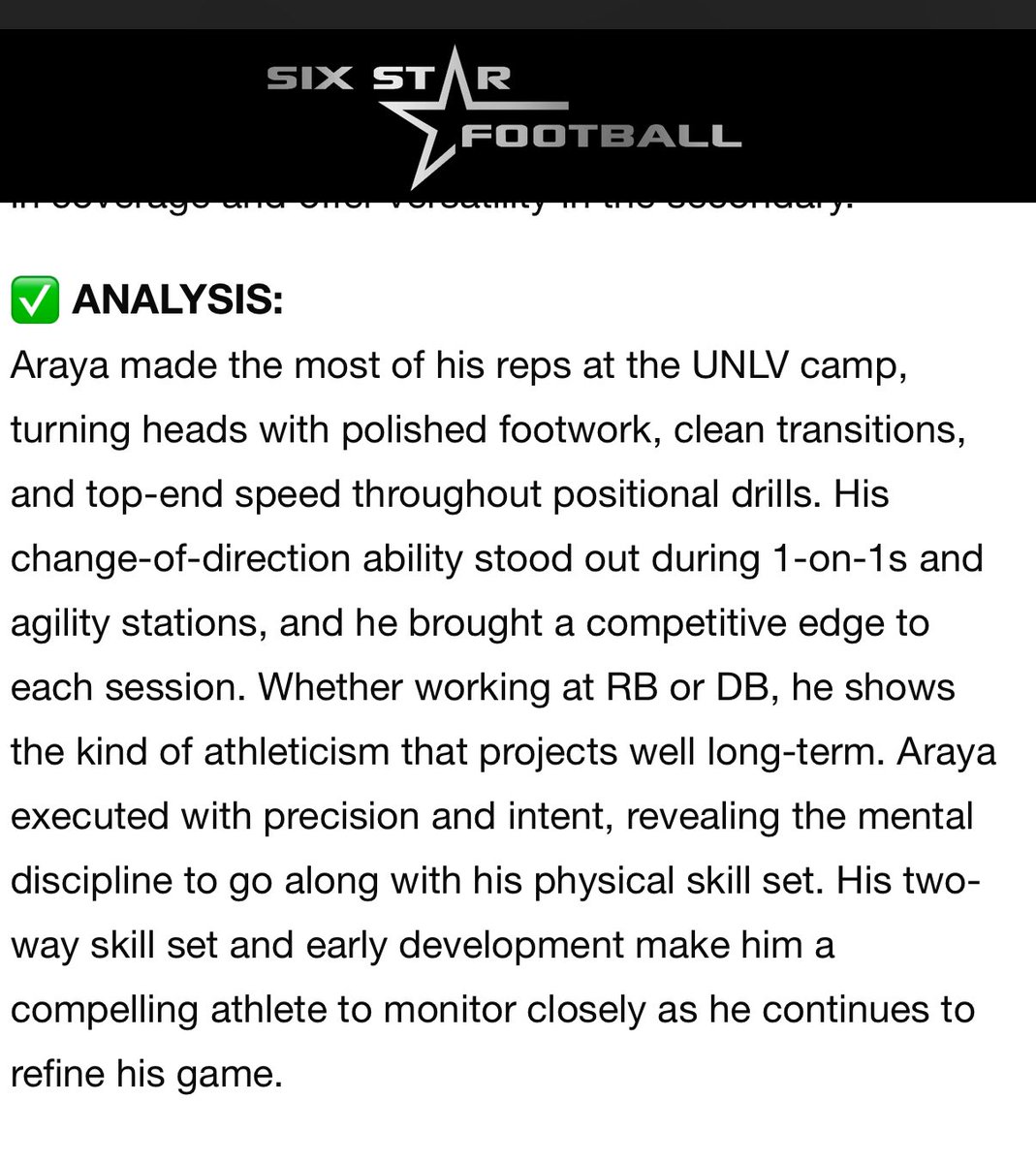 Elijah Araya (@elijaharay) on Twitter photo Thank you <a href="/sixstarfootball/">Six Star Football | PLUS+</a> for the awesome write up and <a href="/unlvfootball/">UNLV Football</a> for the opportunity to showcase!
🦾2WAY PLAYER🦾
<a href="/evans_antoine/">Coach Antoine Evans</a> <a href="/CoachBriscoeWR/">Coach Briscoe</a>
<a href="/Jointer_Elite/">Joe Jointer</a> <a href="/Ogthetruth/">Coach OG</a> <a href="/BrandonHuffman/">Brandon Huffman</a> <a href="/PGregorian/">Paul Gregorian</a> <a href="/Jones2Athletics/">Tyrone Jones II</a> <a href="/CoachFee10/">CoachFee10</a> <a href="/shc_football/">SHC FOOTBALL</a> <a href="/SHCathletics/">Seamus</a> Thank you <a href="/sixstarfootball/">Six Star Football | PLUS+</a> for the awesome write up and <a href="/unlvfootball/">UNLV Football</a> for the opportunity to showcase!
🦾2WAY PLAYER🦾
<a href="/evans_antoine/">Coach Antoine Evans</a> <a href="/CoachBriscoeWR/">Coach Briscoe</a>
<a href="/Jointer_Elite/">Joe Jointer</a> <a href="/Ogthetruth/">Coach OG</a> <a href="/BrandonHuffman/">Brandon Huffman</a> <a href="/PGregorian/">Paul Gregorian</a> <a href="/Jones2Athletics/">Tyrone Jones II</a> <a href="/CoachFee10/">CoachFee10</a> <a href="/shc_football/">SHC FOOTBALL</a> <a href="/SHCathletics/">Seamus</a>