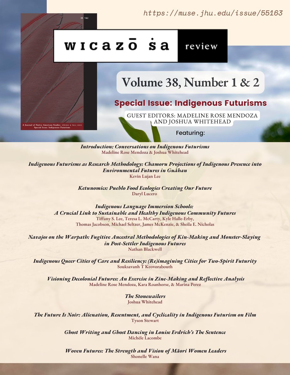 WicazoSaReview's tweet image. Just Released: Wicazo Sa Review Vol. 38, No. 1 & 2
🌌 Special Issue: Indigenous Futurisms 🌌
Guest edited by Madeline Rose Mendoza and Joshua Whitehead
🔗 Read now at: muse.jhu.edu/issue/55163