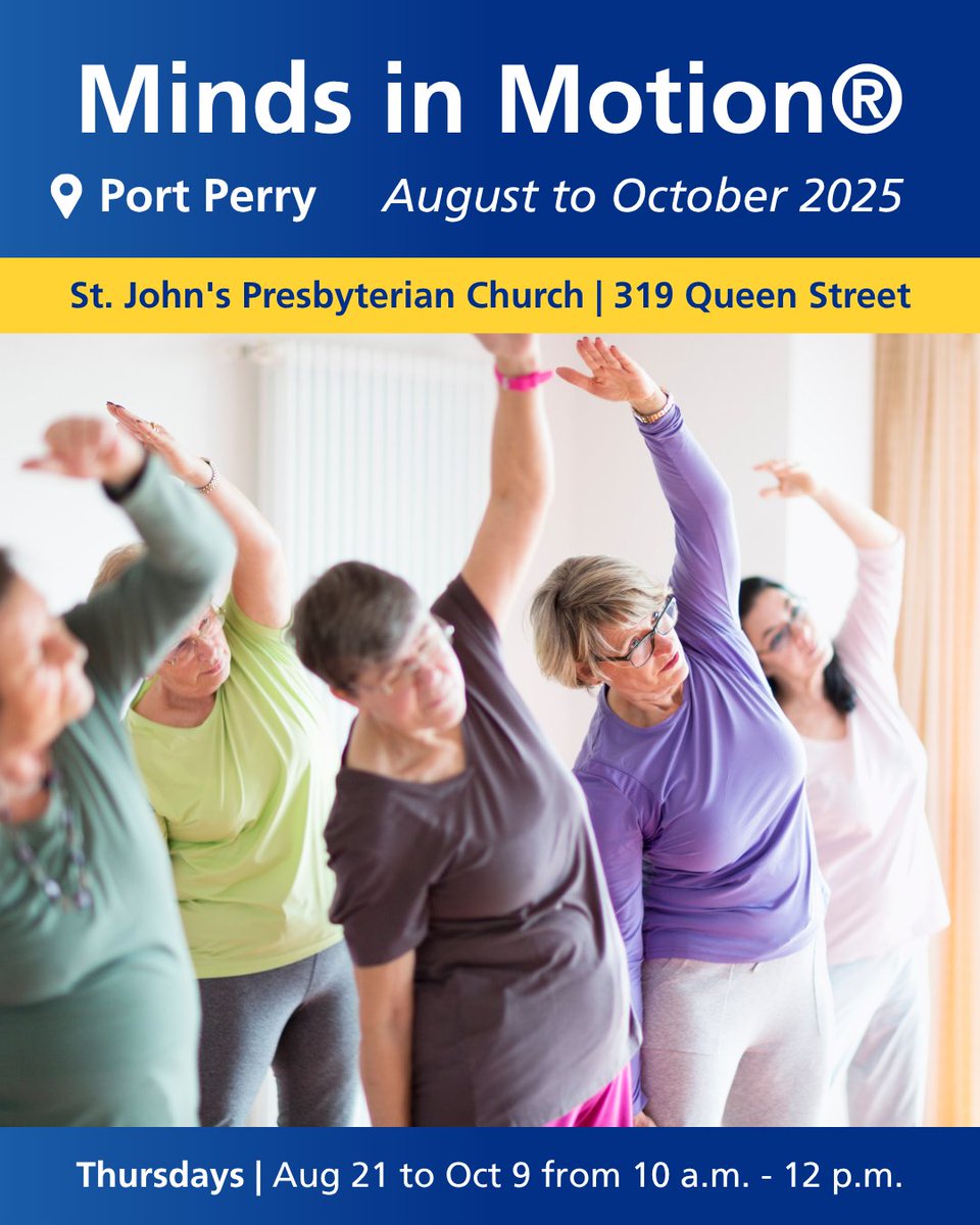 Minds in Motion® will be back in #PortPerry starting August 21st!

📅 Thursdays - Aug 21 to Oct 9
⏰ 10 a.m. - 12 p.m.
📍 St. John's Presbyterian Church | 319 Queen Street

For more information or to register, contact us at 905-576-2567 or email us at intake@alzheimerdurham.com.