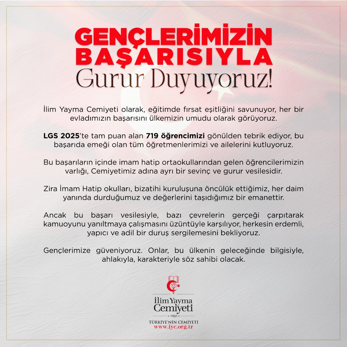 Gençlerimizin Başarısıyla Gurur Duyuyoruz!

Bazı çevrelerin gerçeği çarpıtarak kamuoyunu yanıltmaya çalışmasını üzüntüyle karşılıyor, herkesin erdemli, yapıcı ve adil bir duruş sergilemesini bekliyoruz.

#İmamHatipBizimdir
#LGS2025
#EğitimdeAdalet
#Geleceğimizİçin