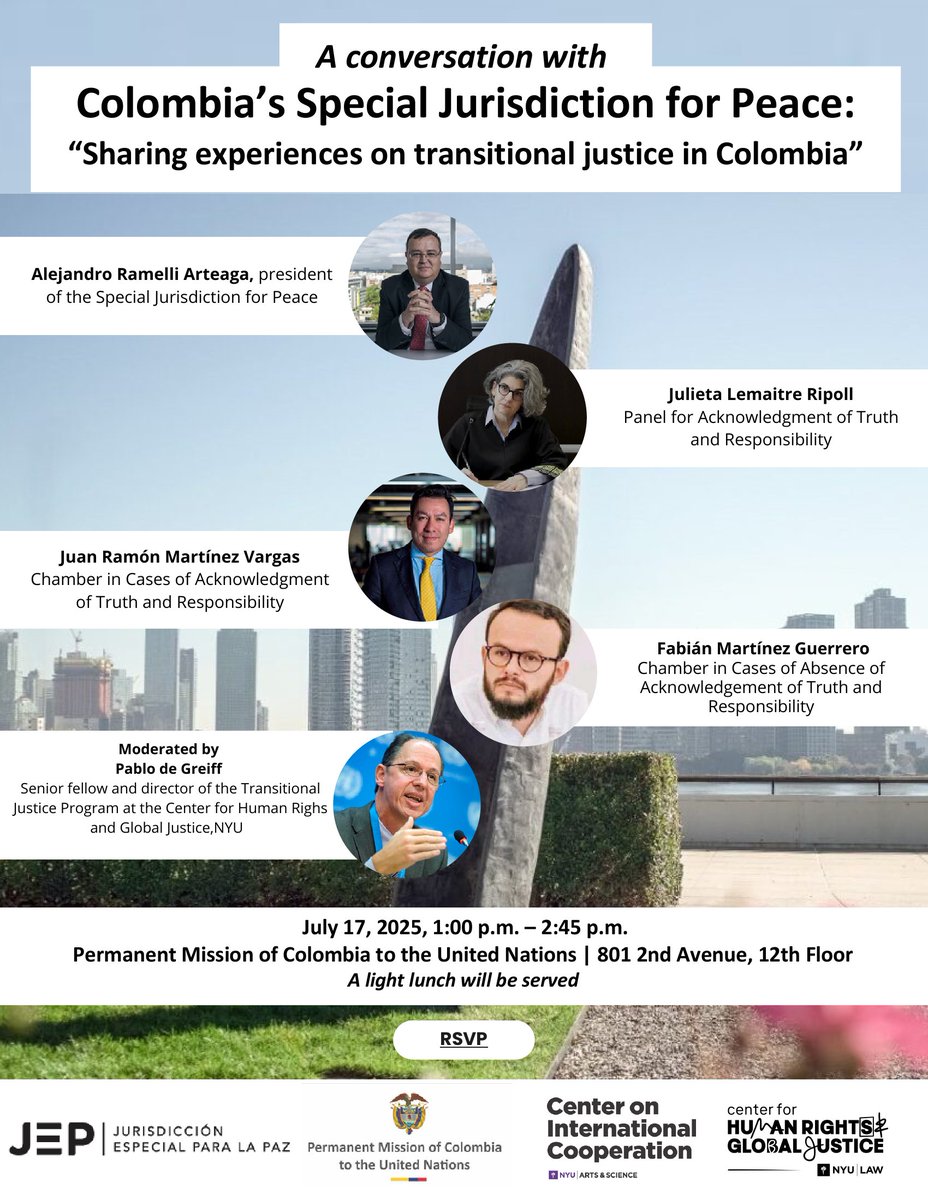 nyuCIC's tweet image. 🤔 How can transitional justice mechanisms effectively address human rights violations while fostering reconciliation?
💡 Join #NYUCIC, @JEP_Colombia, @ColombiaONU, and @humanrightsnyu tomorrow to discuss the advancements, role, and impact of Colombia’s Special Jurisdiction for…