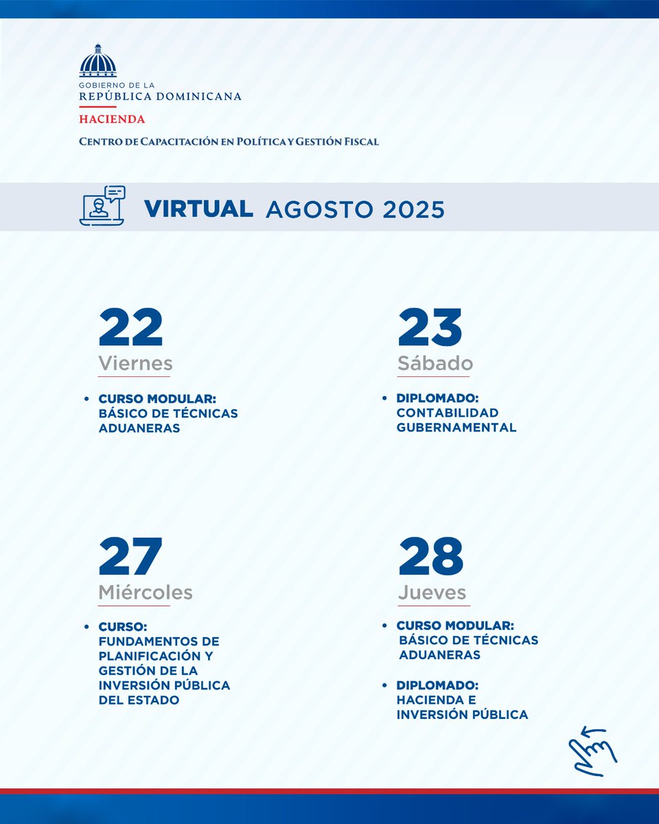 Inicia tu crecimiento profesional en este próximo mes de agosto.

Conoce las capacitaciones que hemos preparado para ti:

🔹 Modalidad presencial o virtual; tú eliges.

¡Avanza con nosotros!

#CapgefiRD #Capacitaciones #DesarrolloProfesional