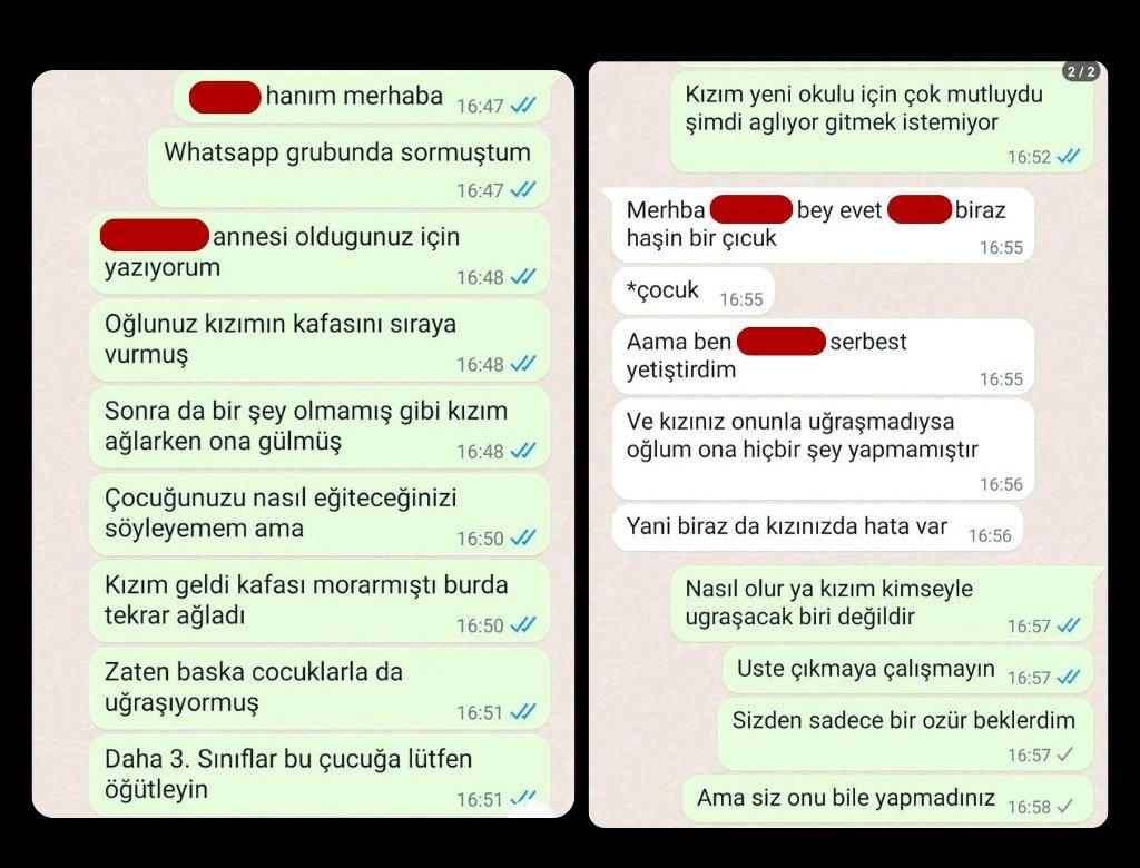 ZamHaberAjans's tweet photo. Bir babanın, ilkokula giden kızına zorbalık yapan çocuğun velisiyle yaptığı konuşma:

"Çocuğum biraz haşin bir çocuk, ben onu serbest yetiştirdim. Kızınız onunla uğraşmadıysa oğlum ona bir şey yapmamıştır." https://t.co/URGfiTr9b0