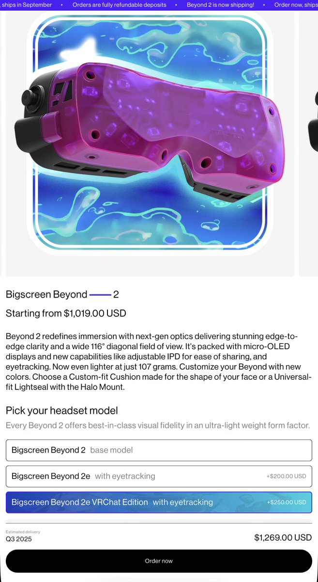 SadlyItsBradley's tweet image. Bigscreen Beyond 2e VRChat Edition was just listed for sale on their website
Comes with a purple transparent front cover
store.bigscreenvr.com/products/bigsc…