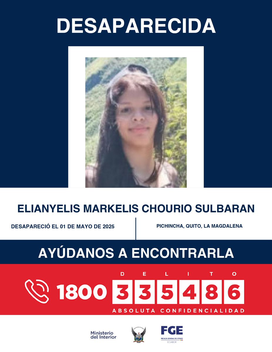 #DesaparecidosEcuador | #Pichincha: si tienes información sobre la ubicación de Elianyelis Markelis Chourio Sulbaran, comunícate de inmediato con las autoridades. Fue vista por última vez el 1 de mayo de 2025, en la parroquia de #LaMagdalena, en el sur de #Quito.