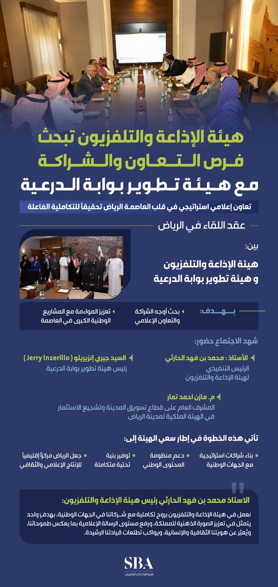 بهدف توفير بنى تحتية متكاملة تدعم تطلعات المملكة في أن تكون الرياض مركزًا إقليميًا مؤثرًا للإنتاج الإعلامي والثقافي؛ #هيئة_الإذاعة_والتلفزيون تبحث فرص التعاون والشراكة مع هيئة تطوير بوابة الدرعية.