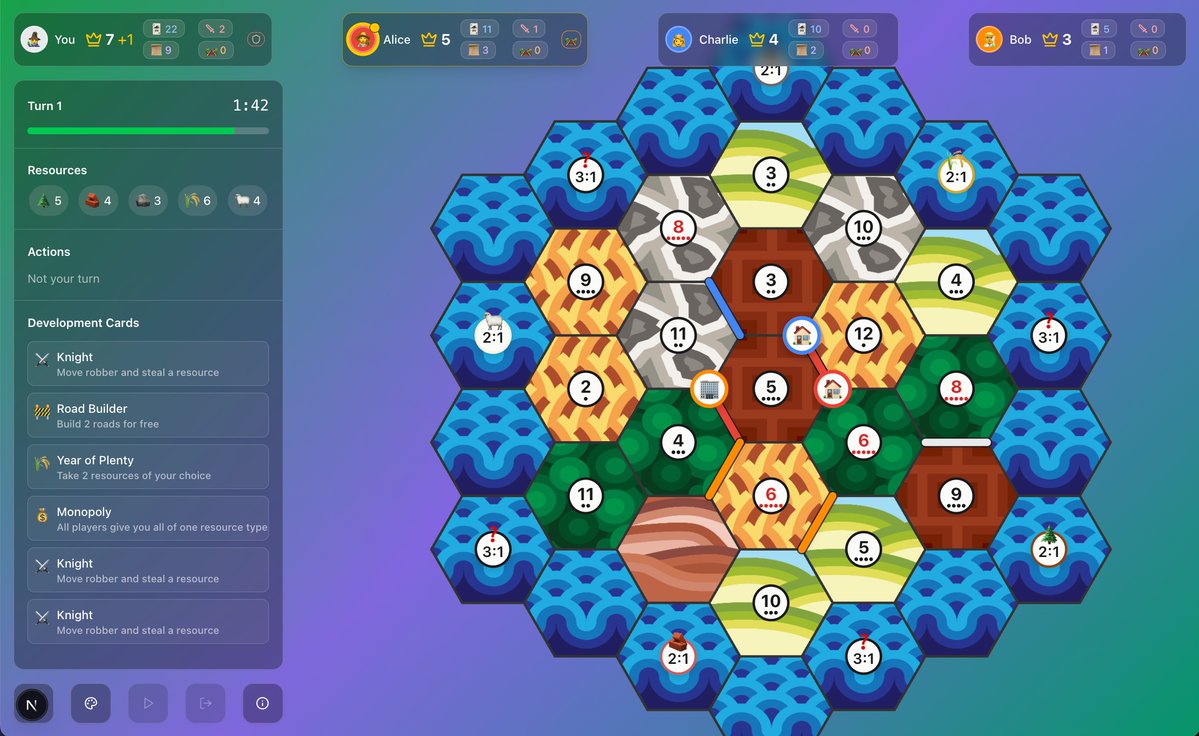MitchForest's tweet image. This week in @joingauntletai: trying to remake catan with a non-cheating AI that uses Monte Carlo simulations to find the best moves to whoop up on you