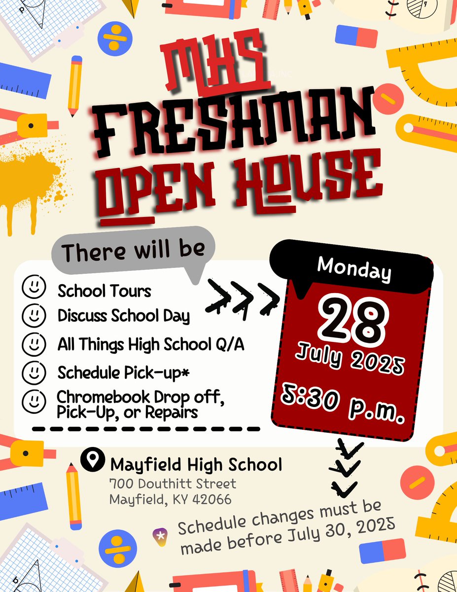 MHSCards1's tweet image. Get ready, Class of 2029! 🎓
Freshman Orientation at Mayfield High School is just around the corner!

🗓️ Date: July 28, 2025
⏰ Time: 5:30 p.m.
📍 Location: MHS

Come tour the school, ask questions, and discover what a school day looks like before the first day! 
❤️🖤