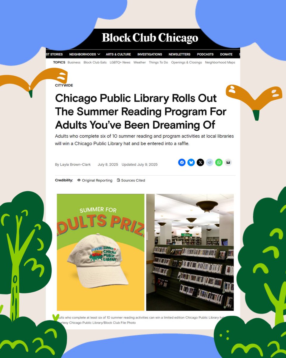 chipublib's tweet image. TY to @BlockClubCHI for helping spread the word about CPL's #SummerAtCPL adult reading challenge!📚
Read the article: chi.gov/BC-SummerAtCPL
If you complete six activities from the program guide and log, you will win a limited-edition CPL hat and be entered into a raffle.🧢