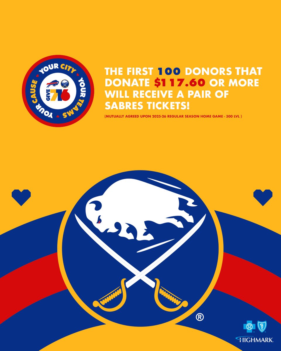 BuffaloSabres's tweet image. Donate $117.60 or more and get tickets for a game this season! 🎟️
Support Give 716 → bufsabres.co/Give716
#LetsGoBuffalo | @BCBSWNY