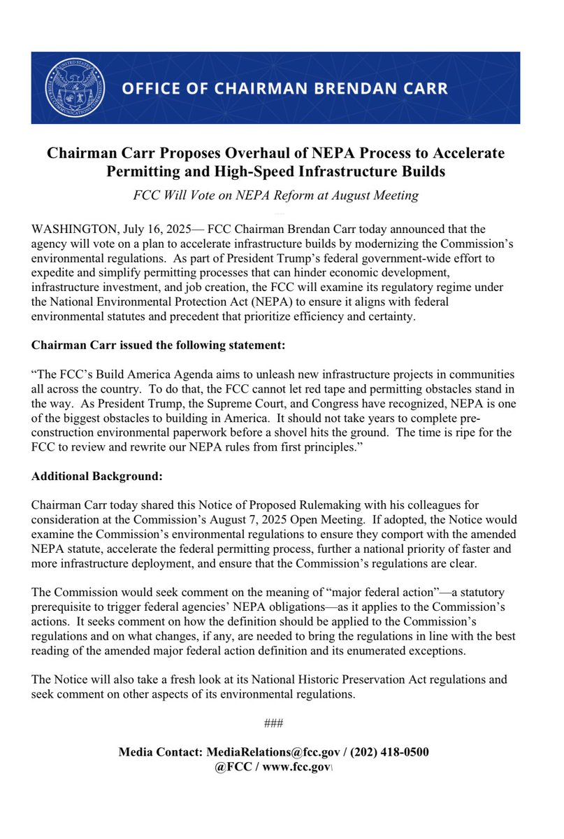 BrendanCarrFCC's tweet image. President Trump is delivering historic permitting wins across the federal government.
Today, following President Trump's leadership, I announced that the @FCC will vote soon on a proposal to eliminate needless NEPA review processes and unleash America's builders.