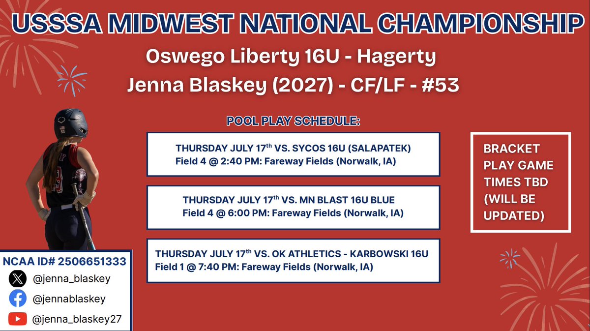 💥USSSA MIDWEST NATIONALS💥
Nationals in Des Moines, Iowa this week! I can't wait to see what this week brings as my last tournament as a 16U. Schedule attached, updates soon to come! <a href="/MSUM_Softball/">MSUM Softball</a> <a href="/WIUSoftball/">Western Illinois Softball</a> <a href="/EmorySoftball/">Emory Softball</a> <a href="/CharlotteSB/">Charlotte Softball</a> <a href="/GordonSOFT/">GordonSoftball</a> <a href="/unwsoftball/">UNW Softball</a> <a href="/WASHUSoftball/">WashU Softball</a>