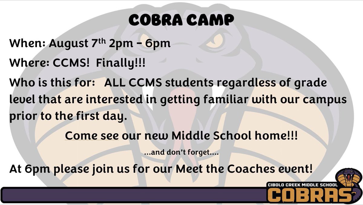 Please join us for our  first Cobra Camp!  Normally, Cobra Camp is for incoming 6th graders to tour a campus, and receive info so they aren't overwhelmed on day one. This year, we are inviting all students to come get to know our campus. Come by and see us! #ourstorybegins #JISD