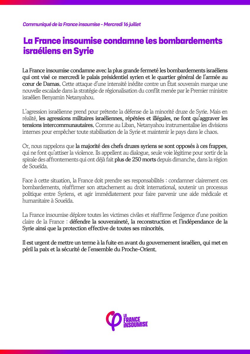🔴 La France insoumise condamne les bombardements israéliens en Syrie.

Nous condamnons avec la plus grande fermeté les bombardements israéliens qui ont visé ce mercredi le palais présidentiel syrien et le quartier général de l’armée au cœur de Damas.

Notre communiqué ⤵️