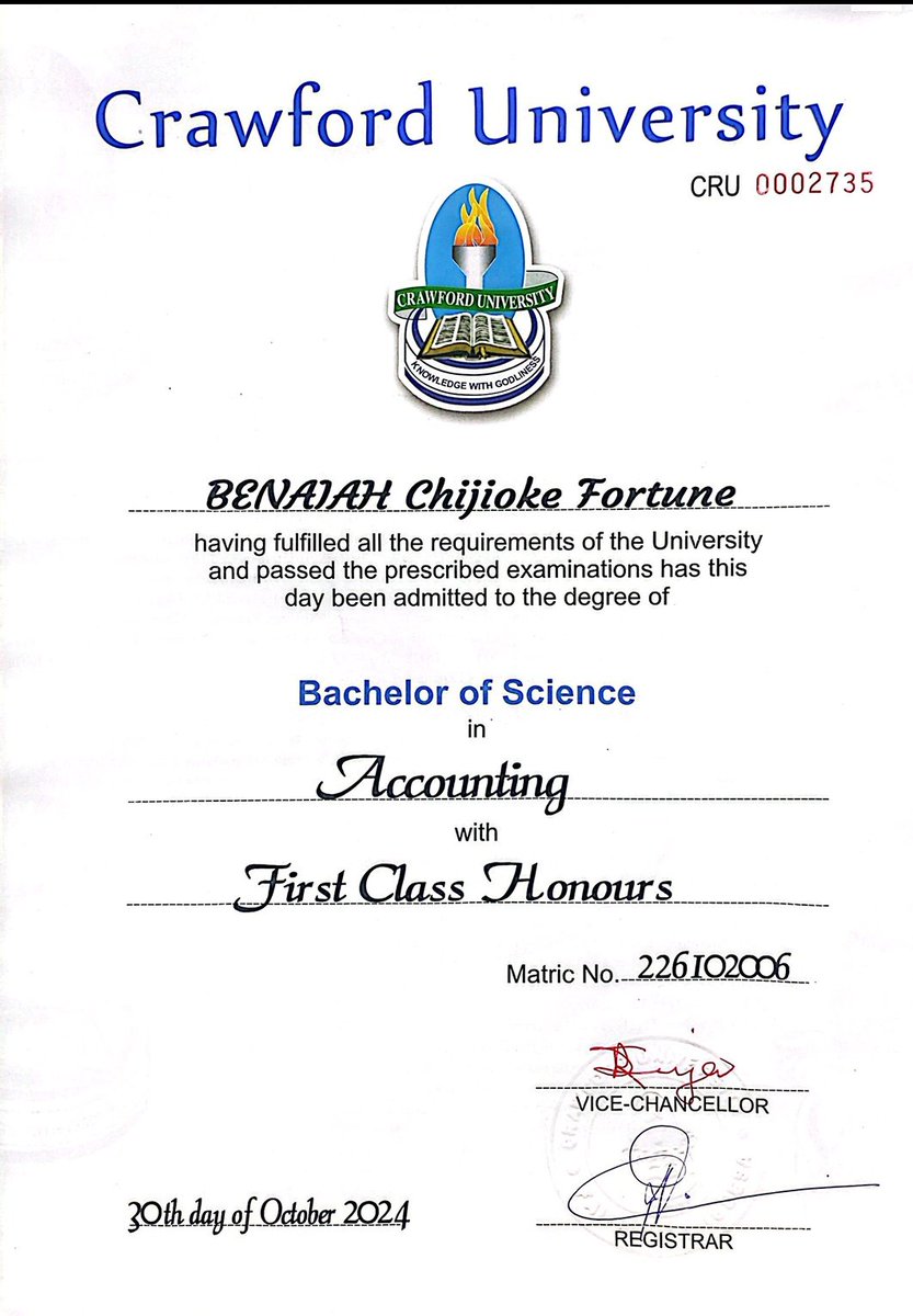 BenaiahFor85284's tweet photo. First Class, Accounting,  Crawford
Distinction and Best Graduating,  Dept and Faculty, Accountancy, Yabatech, HND
Distinction, Accountancy, Yabatech, OND

@adekunleGOLD https://t.co/nVAflNZgVH