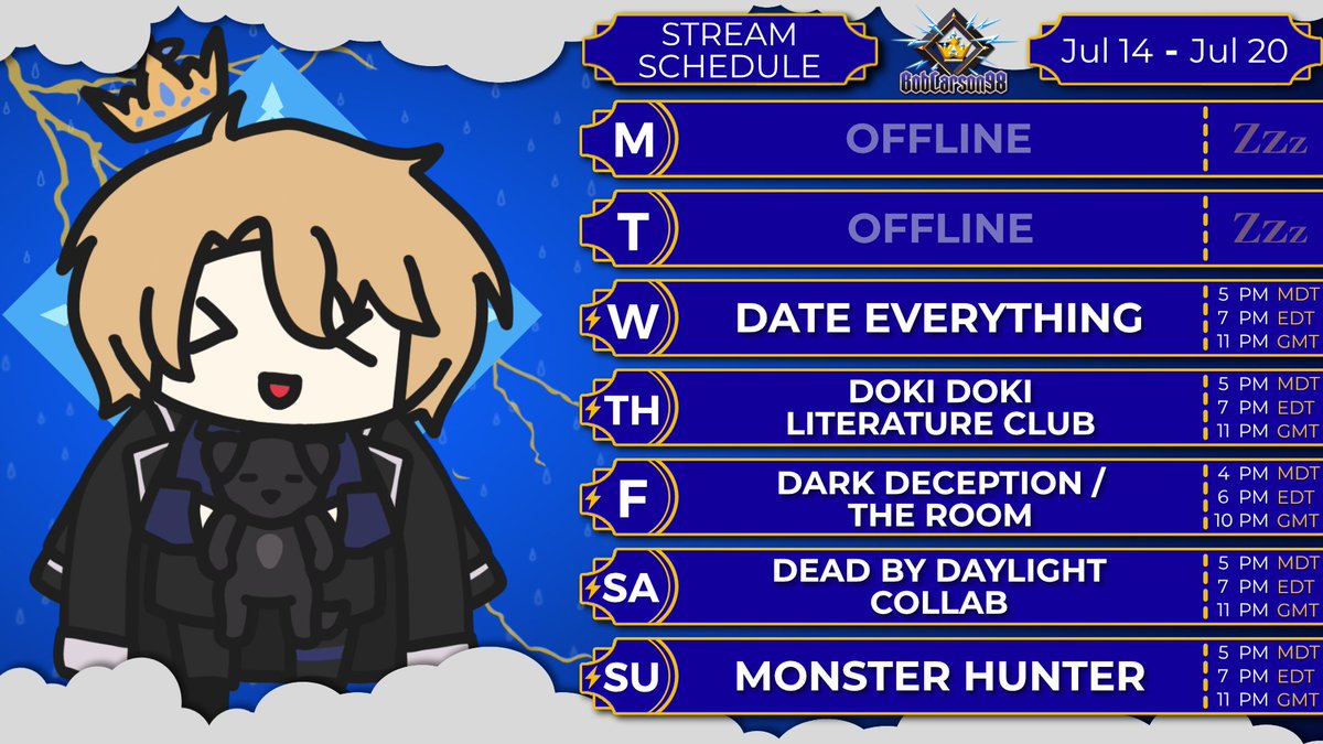 ⚡️Stream Schedule for 7/14-7/20⚡️

This week, we will be doing a bunch of the games promised from the charity event! Strap in! It's gonna be a wild ride!

🟣Twitch: twitch.tv/boblarson98
🔴Youtube: youtube.com/boblarson98
🌩️Discord: discord.gg/mCeaAJsdcA